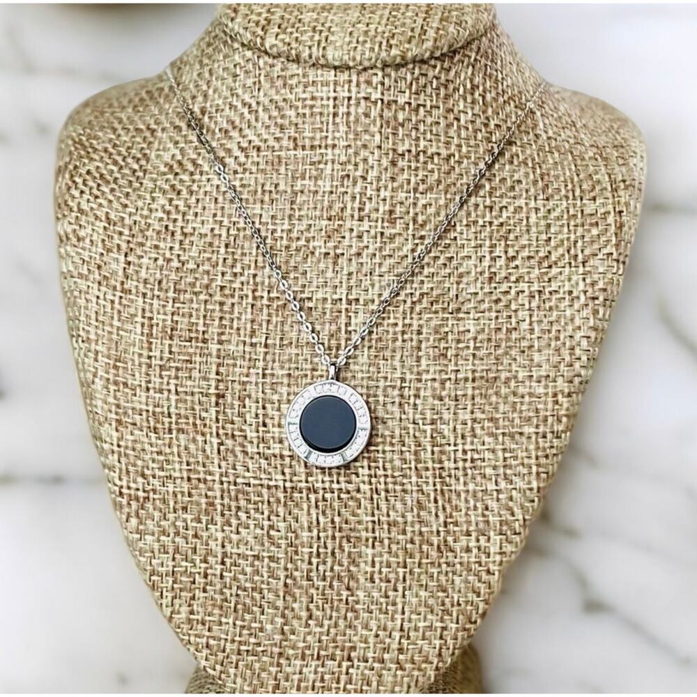 Sterling Silver White Gold Black Onyx Coin Necklace with CZ New